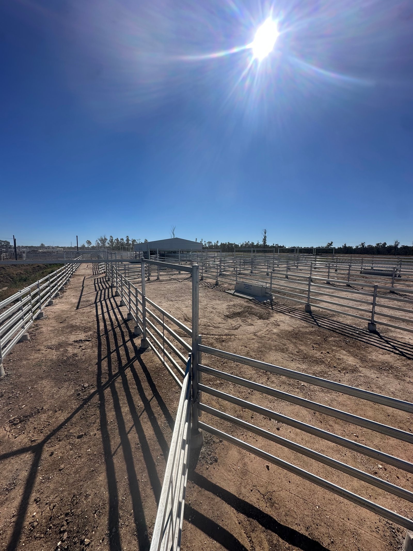 Steel fencing shadows — outback sun